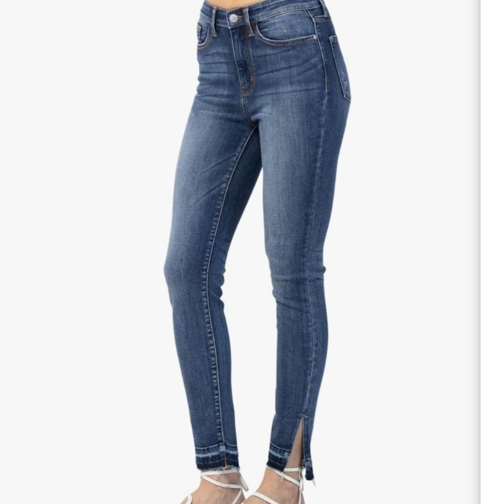 Judy Blue High Waist Skinny Jeans Medium Wash Side Slit Raw Hem Size 5 27